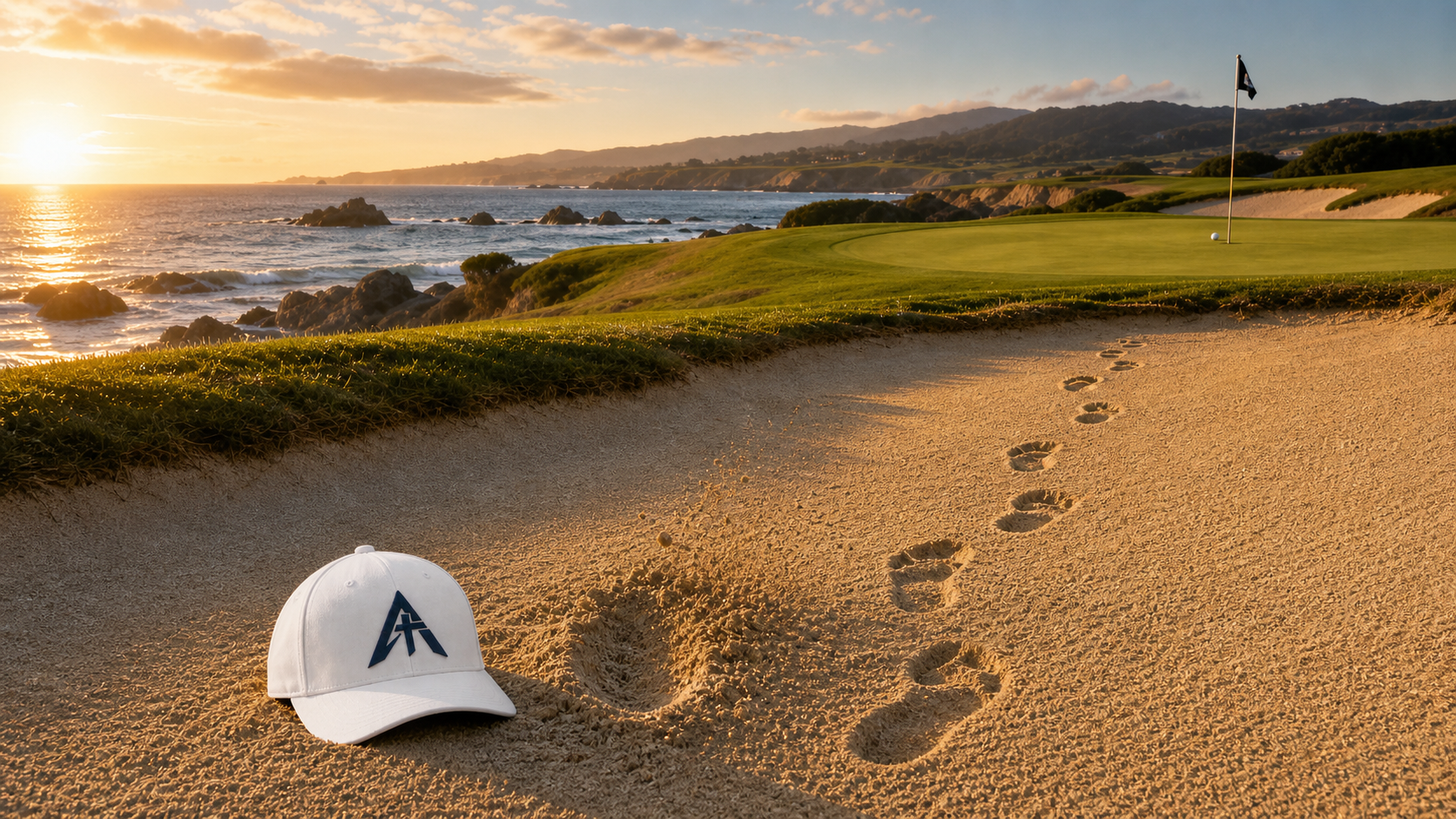 Apstle Golf cap with a logo on a sand bunker by the ocean at sunset